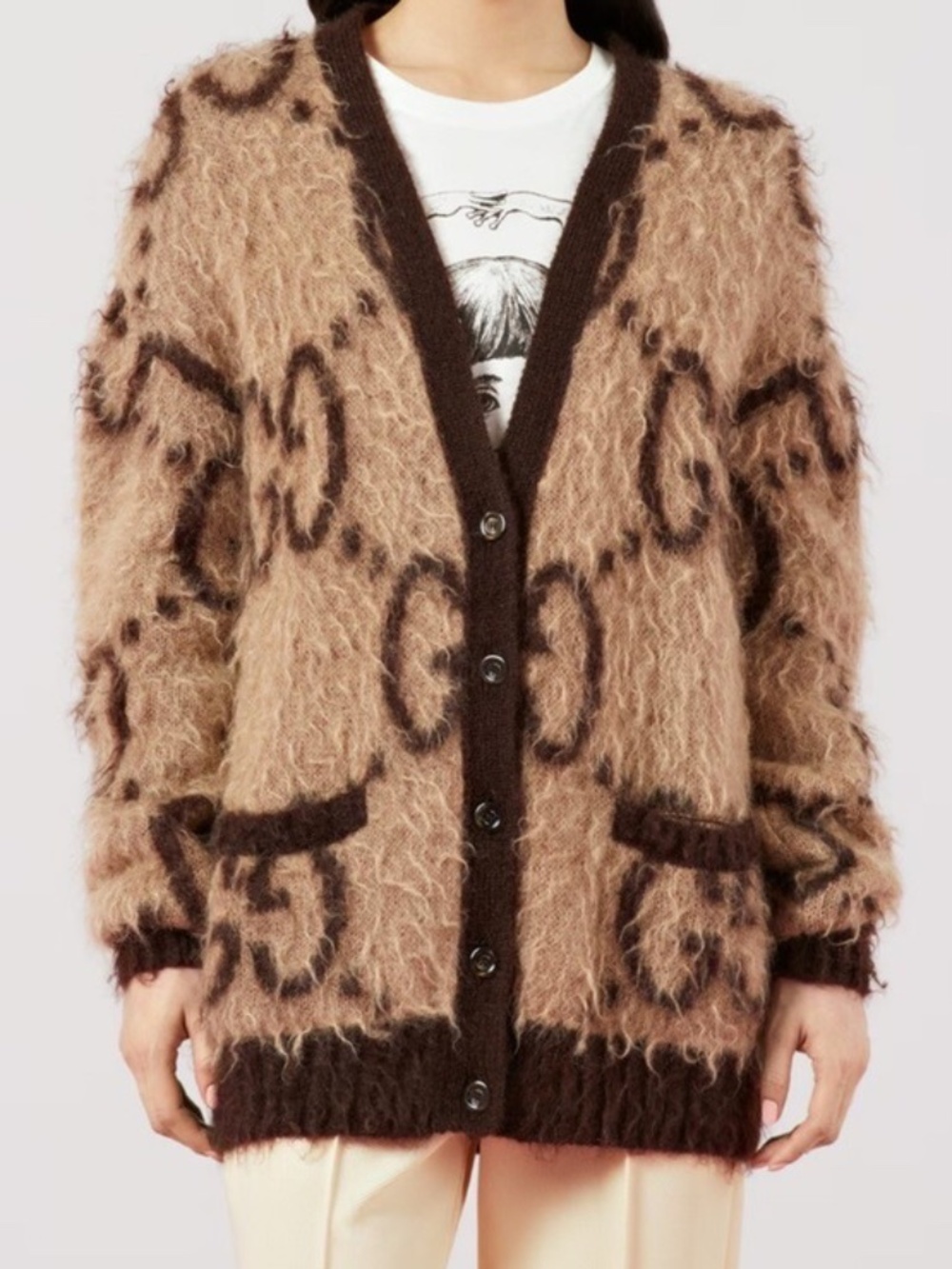 Gucci Brown & Tan Monogram Mohair Cardigan
